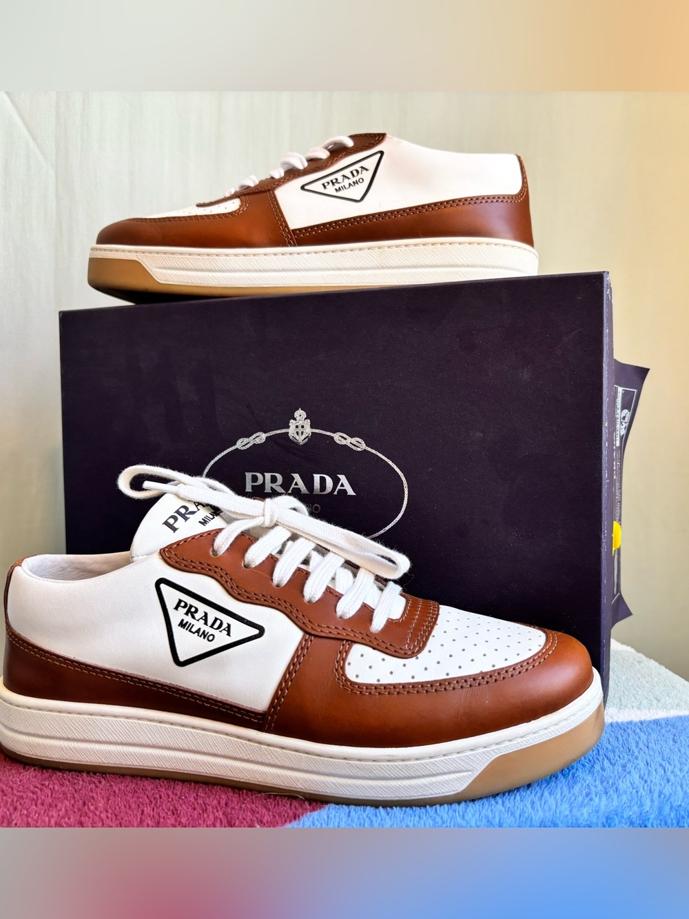 Prada White & Brown Leather Low-Top Sneakers